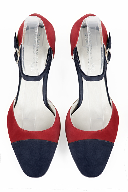Navy blue and cardinal red women's open side shoes, with an instep strap. Round toe. Medium block heels. Top view - Florence KOOIJMAN